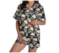 Womens Pyjama Sets Satin Pyjamas Set Halloween Witch Ghost Pumpkin Print Pjs Shorts Short Sleeve Top and Cute Holiday Sleepwear Loungewear Bat Pajama Bottoms Co Ord Sets, Grey, XXL