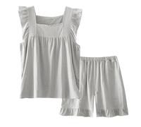 Women's Pyjama Sets Short Linen 2 Piece Nightwear Ruffle Shirred Straps Squared Neck Tank Tops and Shorts Loose Fit Summer Pj Set Cute Lightweight Loungewear Sets Two Piece Sleepwear Nighties
