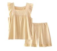 Women's Pyjama Sets Short Linen 2 Piece Nightwear Ruffle Shirred Straps Squared Neck Tank Tops and Shorts Loose Fit Summer Pj Set Cute Lightweight Loungewear Sets Two Piece Sleepwear Nighties Yellow