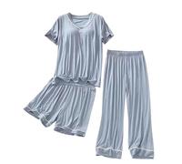 Women's Pyjama Sets Short Sleeve Padded Loungewear Top And Wide Leg Pants And Short Ladies 3 Piece Pyjama Soft Comfy Breath Homewear Lounge Night Wear (Blue, M)