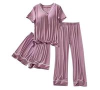 Women's Pyjama Sets Short Sleeve Padded Loungewear Top And Wide Leg Pants And Short Ladies 3 Piece Pyjama Soft Comfy Breath Homewear Lounge Night Wear (Dark Purple, L)