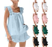 Women's Pyjama Sets Sleeveless Ruffled Vest Shorts Set UK Sale Clearance Collar Tops Half Pants Nightwear Summer Pjs Set Solid Color Pajamas 2 Piece Outfits Soft Lounge Sets Ladies Lounge Sleepwear