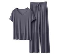 Women's Pyjama Sets Solid Color Outfits Soft Ribbed V Neck Short Sleeve Tops and Wide Leg Crop Trousers Elastic Waist Pants Casual Tracksuits Loungewear Sleepwear Sets