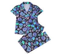 Womens Pyjama Sets Women's Lounge Halloween Skeleton Short Sleeve Ghost Pumpkin Print Button Down Loungewear Witch Cute Holiday Sleepwear Outfits Pjs Bottoms Co Ord Sets, Dark Blue, XL