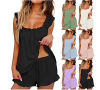 Womens Pyjama Tank Top Womens Pyjamas Set Vest And Bottoms Ruffle Short Pyjama Set 2 Piece Outfits Pjs Smocked Tank Top Lounge Ruffled Trim Shorts Sets 2Pc Sleepwear Sleeveless Nightwear Sets