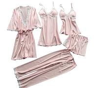 Womens Pyjamas 5 Pieces Pyjama Set Silk Satin Pjs Sets Elegant Lace Sleepwear Super Soft Kimono Robe Nightdress Elastic Waist Shorts and Pants Loose Fit Pajamas Summer Ladies Homewear