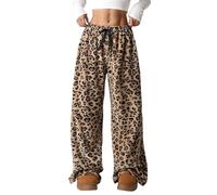 Womens Pyjamas Bottoms Flannel Plaid Check Heart Leopard Print Pants Lounge Fluffy pjs with Pockets,1 Brown,S
