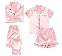 Womens Pyjamas Button down Silk Pyjamas for Women O Neck Silk Pyjamas Women's Pyjamas Soft Warm Satin Pyjamas Women's Short 4 Piece Pyjamas Sleepwear and Shorts Set Women Sets Leisure Suit Loungewear