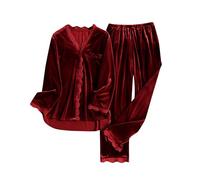 Womens Pyjamas Ladies Velour PJs Set Soft Velvet Long Sleeve Button-Front Cardigan Elastic Waist Pants Pyjamas for Women Winter Lace Trim 2 Piece Nightwear Loungewear Sleepwear Cosy with Pockets Wine