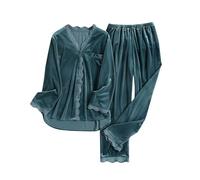 Womens Pyjamas Ladies Velour PJs Set Soft Velvet Long Sleeve Button-Front Cardigan Elastic Waist Pants Pyjamas for Women Winter Lace Trim 2 Piece Nightwear Loungewear Sleepwear Cosy with Pockets