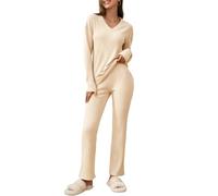 Womens Pyjamas Ribbed Loungewear 2 Piece V Neck Long Sleeve Jumper Wide Leg Trousers with Pockets Ladies Cozy Winter Homewear Sleepwear Nightwear Leisure Outfits XL Beige