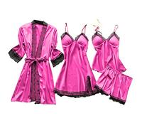 Womens Pyjamas Satin Pj Sets for Women 4 Piece Silk Pyjamas Uk Matching Tie Front Robe Satin Slip Nightdress Solid Cami Tops Shorts Nightwear Pjs Set Sexy Lace Trim Sleepwear Hot Pink M