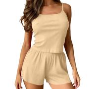 Women'S Pyjamas Set 2 Piece Camisole And Shorts Set Solid Color Sleeveless Tank Top And Soft Shorts Loungewear Plain Women Cute Camisole Nightwear Sleepwear Beige M