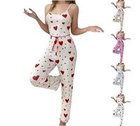 Womens Pyjamas Set 2 Piece Heart Printed petite Pajama Sets Sexy Sleeveless Cami Top High Elastic Waisted Sleep Pants Comfort Soft Loungewear Cute Sleepwear Pjs Set Slim Lounge Wear Sets for Women UK