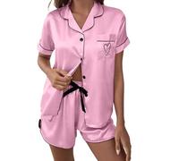 Womens Pyjamas Set 2 Piece Silk Sleepwear Lapel Collared Casual Loose Button Down Short Sleeve Shirt and Shorts Two Piece Glossy Satin Loungewear Pjs Sets with Pockets Pink,L