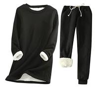Womens Pyjamas Set 2 Piece Warm Winter Loungewear Sherpa Lined Fleece Pyjama Sets Crew Neck Top and Thermal Bottoms with Pocket Plus Size Sleepwear Tracksuit Sets Outfits
