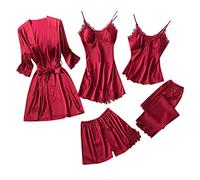 Womens Pyjamas Set 5PC Lace Satin Robe and Pajama Set Ladies Sleepwear Girls Nightwear Satin Pyjamas Dressing Robe Gown Nightdress Comfort Homewear Loungewear s Red