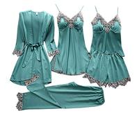 Womens Pyjamas Set 5PC Lace Satin Robe and Pajama Set Ladies Sleepwear Girls Nightwear Satin Pyjamas Dressing Robe Gown Nightdress Comfort Homewear Loungewear s