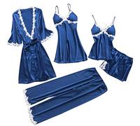 Womens Pyjamas Set 5PC Lace Satin Robe and Pajama Set Ladies Sleepwear Girls Nightwear Satin Pyjamas Dressing Robe Gown Nightdress Comfort Homewear Loungewear s