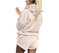 Womens Pyjamas Set Casual Loose Women's Fleece Pyjama Sets Long Sleeve Fluffy Pj Bottoms Tops and Short Pants Nightwear Pajamas Hooded Pullover Loungewear Ladies Pjs Warm Soft Sleepwear 2 Piece