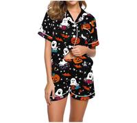 Women's Pyjamas Set Halloween Lapel Collar Short Sleeve Shorts Sleepwear | Halloween Lapel Breathable Soft Short Sleeve Shorts Two Pieces Pajama Nightwear Set Loungewear for Holiday