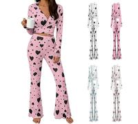 Womens Pyjamas Set Heart Womens Long Sleeve Pyjamas Wide Leg Bottoms Sexy V Neck Tops With Flared Bottoms Cute Love Printed Sleepwear Spring Home Loungewear Girlfriend Valentine Nightwear