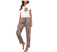 Womens Pyjamas Set Leopard Print Short Sleeve Ladies Pajamas UK Clearance Leopard T Shirt and Pants Two Piece Pjs Set Blouse Trousers Loose Fit Homewear Sleepwear Loungewear Size 8-16