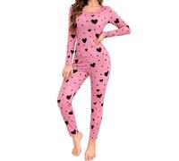 Women's Pyjamas Set, Ribbed Long Sleeve Top & Trousers, Heart Print | Ribbed textured fabric, flattering slim fit, close-to-body comfort, elasticated waist, ideal for sleeping and lounging