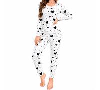 Women's Pyjamas Set, Ribbed Long Sleeve Top & Trousers, Heart Print | Ribbed textured fabric, flattering slim fit, close-to-body comfort, elasticated waist, ideal for sleeping and lounging