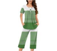 Womens Pyjamas Set Short Sleeve Button Sleepshirts Cropped Pants Set Pieces Floral Print Outfits Ladies Loungewear Baggy Pjs Sets Nightwear Homewear Casual Two Piece Pj Sets Plus Size Tracksuits S