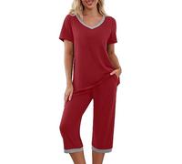 Womens Pyjamas Set - Short Sleeve Top and Cropped Bottoms 3/4 Length Trousers Pjs Set Soft Breathable 2 Piece Sleepwear Casual Loose Stretchy Loungewear Ladies Baggy Oversized Pyjama Nightwear S-5XL
