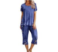 Womens Pyjamas Set UK Clearance, Ladies 2 Piece Outfits Loungewear Sets Short Sleeve T Shirts and Capri Pants Florals Print Nightwear Casual Comfort Sleepwear Elasticated Waist Pjs Gift for her Blue