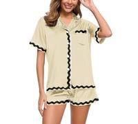 Women's Pyjamas Set Women's Short Pjs Shorty Two Piece Sleepwear with Button Placket Lapel Nightwear Cuddly Casual Short Sleeve Sleep Shirt and Sleep Shorts Dressing Gown Plain Halloween