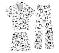 Womens Pyjamas Sets 3 Piece Outfits Cartoon Print Silk Cotton Relaxed Loungewear Short Sleeve Elegant Print Silk Plus Size Comfort Summer SleepshirtsTop Shorts Trousers Black