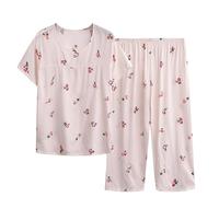Womens Pyjamas Sets Clearance Soft 2 Piece Pajama Set Plus Size Loungewear for Women UK Cotton Linen Pjs Womens Summer Two Piece Set Short Sleeve Round Neck Pajama Set Printed Tops Pants Suits