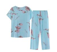 Womens Pyjamas Sets Clearance Soft 2 Piece Pajama Set Plus Size Loungewear for Women UK Cotton Linen Pjs Womens Summer Two Piece Set Short Sleeve Round Neck Pajama Set Printed Tops Pants Suits