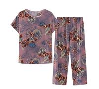 Womens Pyjamas Sets Clearance Soft 2 Piece Pajama Set Plus Size Loungewear for Women UK Cotton Linen Pjs Womens Summer Two Piece Set Short Sleeve Round Neck Pajama Set Printed Tops Pants Suits