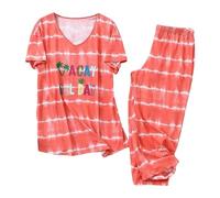 Womens Pyjamas Sets Ladies Pjs Women Pyjamas Set Causal Cotton Pyjama Cute Print Nightwear Plus Size Short Sleeve Top and Cropped Bottoms Pjs Set Cotton Loungewear Pyjama Shorts