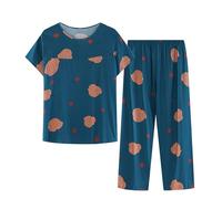 Womens Pyjamas Sets Sale Clearance Soft 2 Piece Pajama Set Plus Size Loungewear for Women UK Cotton Linen Pjs Womens Summer Two Piece Set Short Sleeve Round Neck Pajama Set Printed Tops Pants Suits