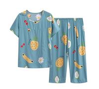 Womens Pyjamas Sets Sale Clearance Soft 2 Piece Pajama Set Plus Size Loungewear for Women UK Cotton Linen Pjs Womens Summer Two Piece Set Short Sleeve Round Neck Pajama Set Printed Tops Pants Suits