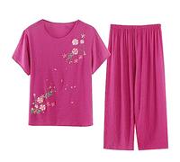 Womens Pyjamas Short Sleeve Pj Sets Round Neck Top and Lounge Pants Nightwear Pyjama Sets with Pockets Floral Printed Sleepwear 2 Piece Comfy Soft Ladies Loungewear Sets