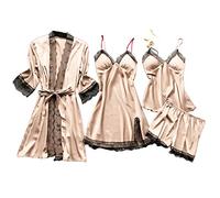 Women's Pyjamas Sleepwear Lace Satin Negligees Cami Top and Shorts Pjs Set with Robe Summer Pyjamas Sets Babydoll Lingerie Pj Nighties Bridal Honeymoon Bridesmaid Nightwear Beige