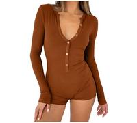 Womens Pyjamas Slim Ribbed Knit One Piece Rompers Shorts Half Button Long Sleeve Jumpsuits U Neck Strechy Bodysuit Sexy Nightwear Y2k Plain Overalls Home Yoga Going Out Sleepwear