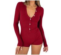 Womens Pyjamas Slim Ribbed Knit One Piece Rompers Shorts Half Button Long Sleeve Jumpsuits U Neck Strechy Bodysuit Sexy Nightwear Y2k Plain Overalls Home Yoga Going Out Sleepwear
