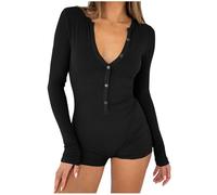 Womens Pyjamas Slim Ribbed Knit One Piece Rompers Shorts Half Button Long Sleeve Jumpsuits U Neck Strechy Bodysuit Sexy Nightwear Y2k Plain Overalls Home Yoga Going Out Sleepwear