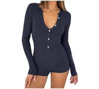 Womens Pyjamas Slim Ribbed Knit One Piece Rompers Shorts Half Button Long Sleeve Jumpsuits U Neck Strechy Bodysuit Sexy Nightwear Y2k Plain Overalls Home Yoga Going Out Sleepwear