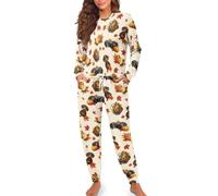 Women's Pyjamas with Dachshund and Autumn Motif - Two-Piece Pyjama with Cute Dog Print | Comfortable Loungewear for the Thanksgiving Season, S