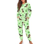 Women's Pyjamas with Dachshund Motif, Two Piece Pyjamas with Cute Dog and Clover Print Cosy Leisure Suit for Dachshund Lovers, Style_r01 Green, XXL