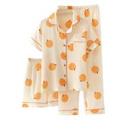 Women'S Pyjamas,Women’s Summer Sleepwear Set for Women - Short Sleeve Short Pants Pajamas in Soft Crepe Fabric Home Loungewear Comfortable Three Piece Outfita for Relaxed Home Wear (Orange, L)