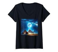 Women's Pyramids of Egypt Under Full Moon V-Neck T-Shirt